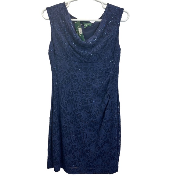 Lauren Ralph Lauren Dresses & Skirts - LAUREN Ralph Lauren Lace Dress Blue Size 16 Sequins Sleeveless Cowl Neck Party